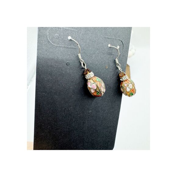 Vintage Cloisonne Dainty Drop Earrings Oval Bead Pink Red Sterling Silver - Picture 4 of 12
